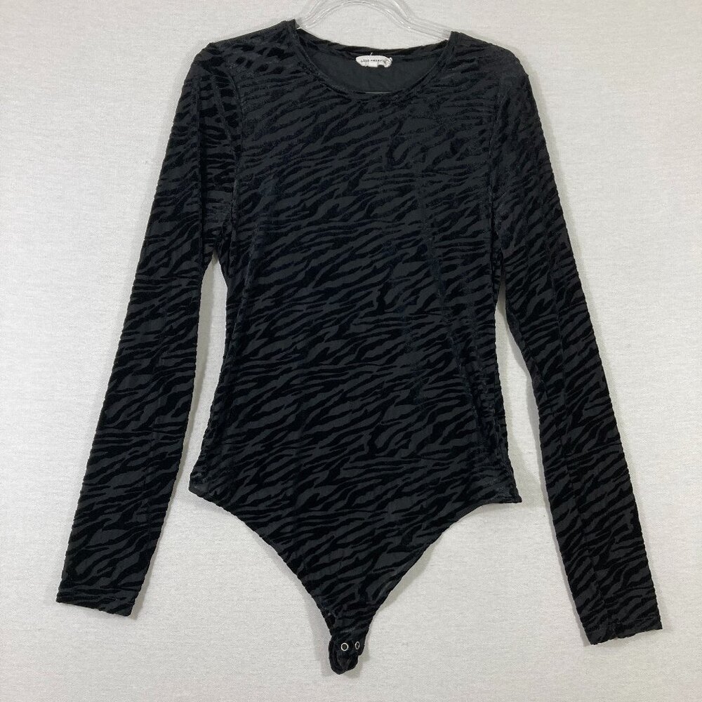 Good American Black Velvet Burnt Out Zebra Print Long Sleeve Bodysuit size 5/2XL